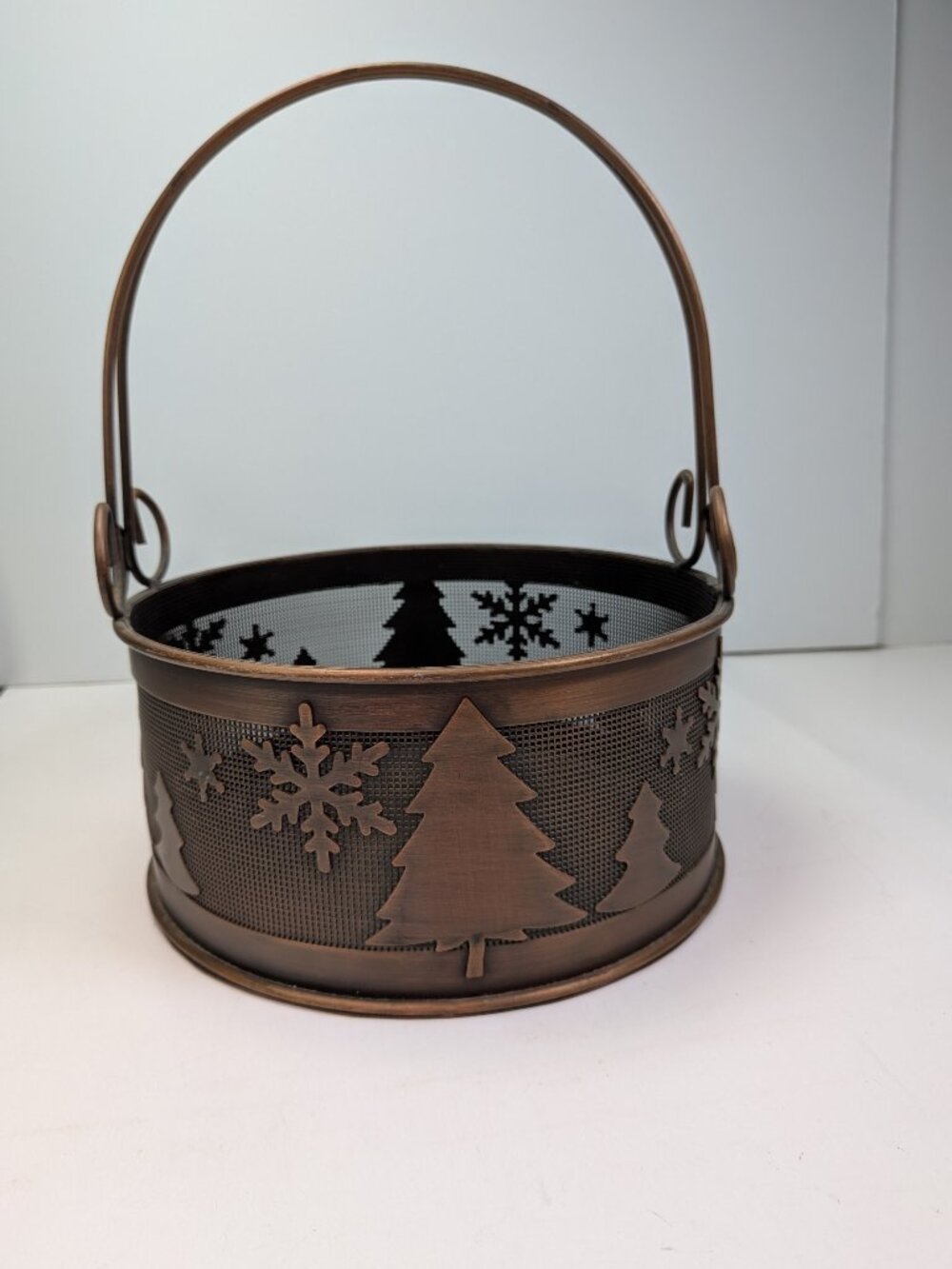Vintage Copper Tone Metal Christmas Tree Snowflake Basket Rustic Holiday Decor